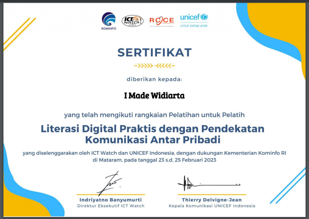 I Made Widiarta, Resmi menjadi Trainer Literasi Digital dengan Pendekatan Komunikasi Antar Pribadi yang tersertifikasi